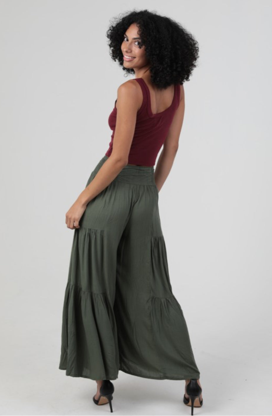 Front Tie Tiered Wide Pants (olive)