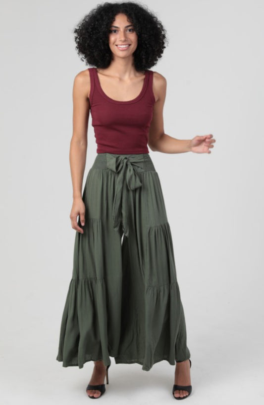 Front Tie Tiered Wide Pants (olive)