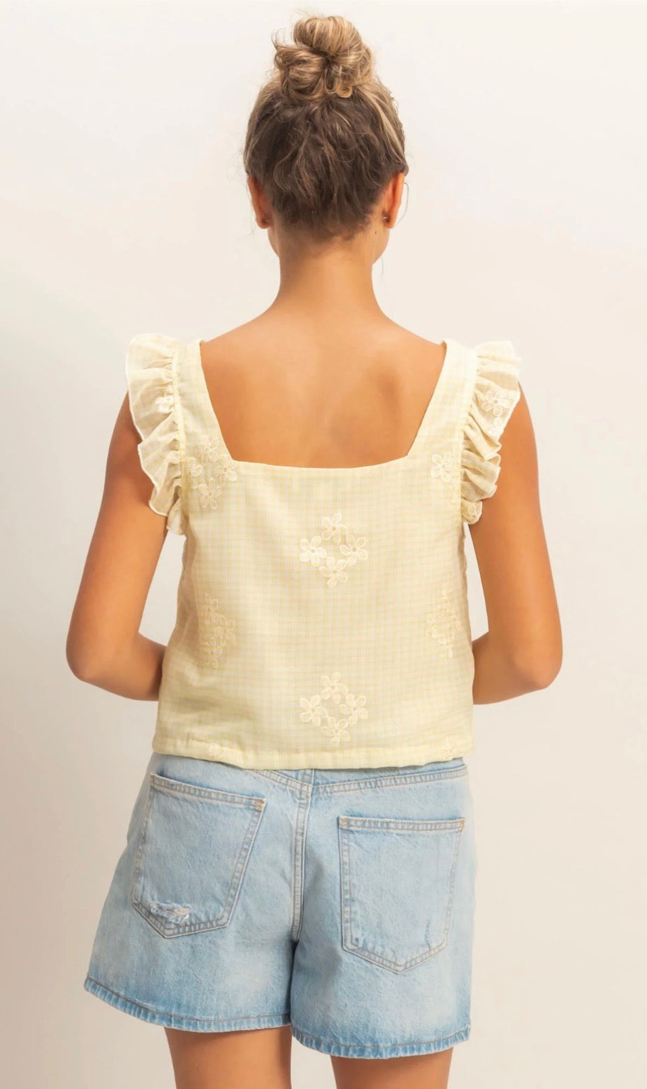 Embroidered Gingham Tie Front Top