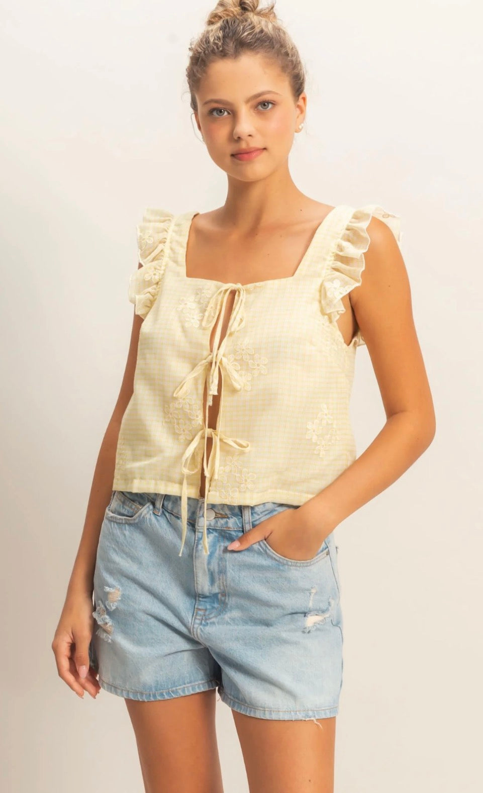 Embroidered Gingham Tie Front Top